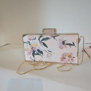 Floral Blush Satin Evening Clutch with Gold Chain
